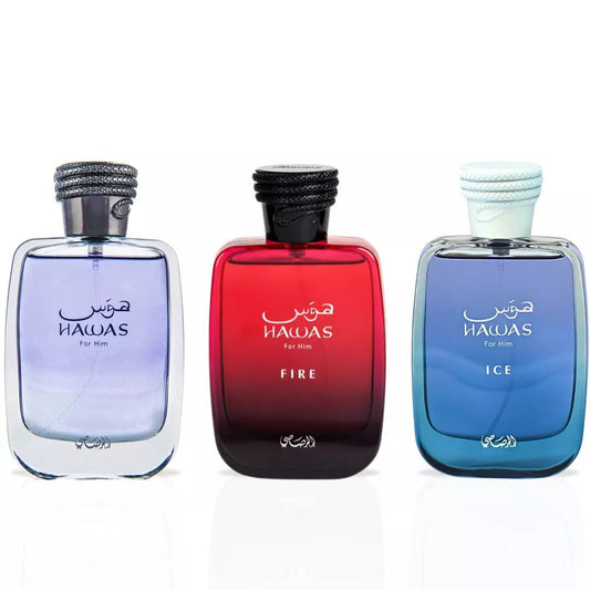 Rasasi Hawas, Hawas Fire and Hawas Ice Eau de Parfum 100ml Trio Bundle
